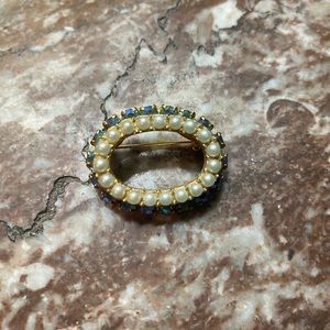 Vintage Oval Faux Pearl and Blue Crystal Brooch